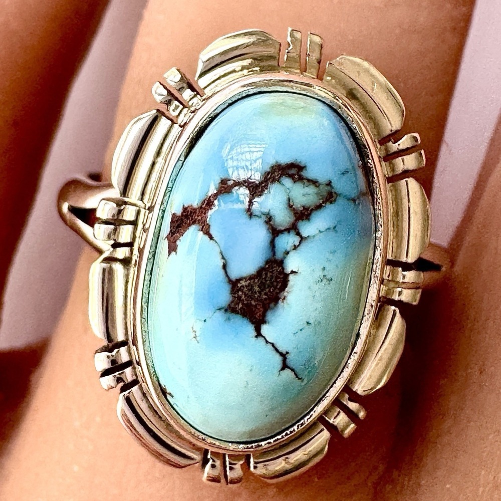 Navajo Blue Golden Hills Turquoise Ring Sz 8 Sterling Norvin Johnson Shine